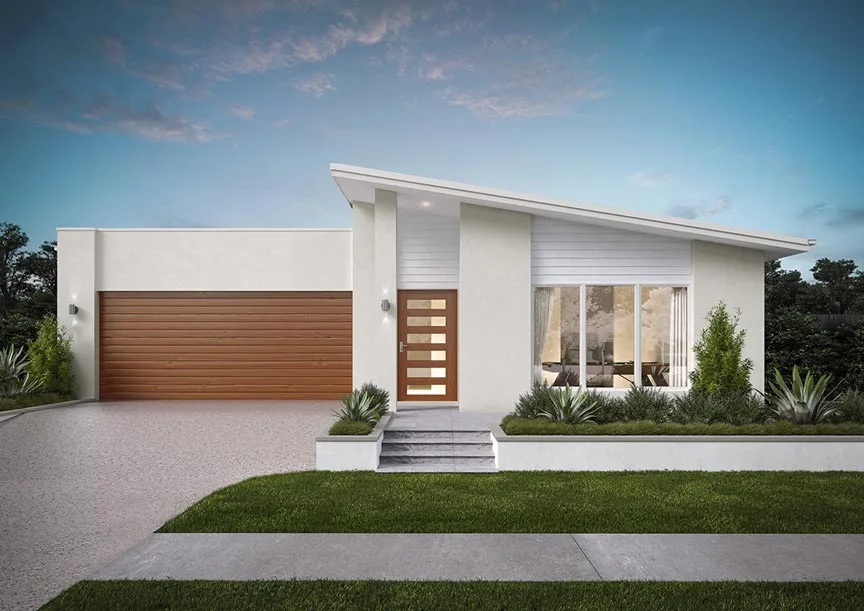 single-storey, modern white house with wooden front and garage doors